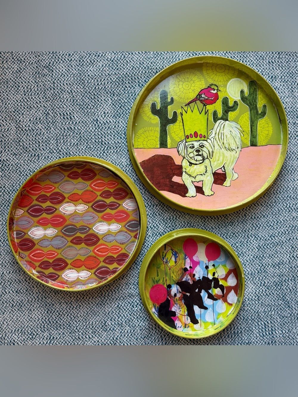 Creative Co-Op Yellow-Green Rim Trio Whimsical Decorative Nesting Wall Trays 12"